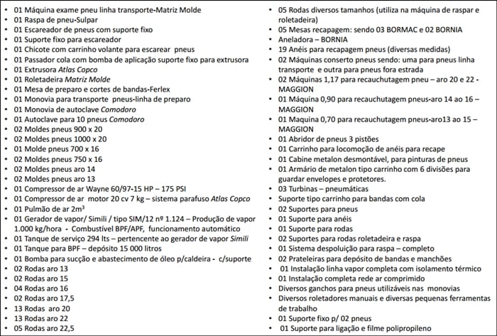 lista de maquinas e equipamentos para recauchutadora de pneus