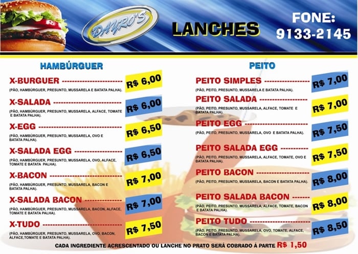 cardápio de lanches