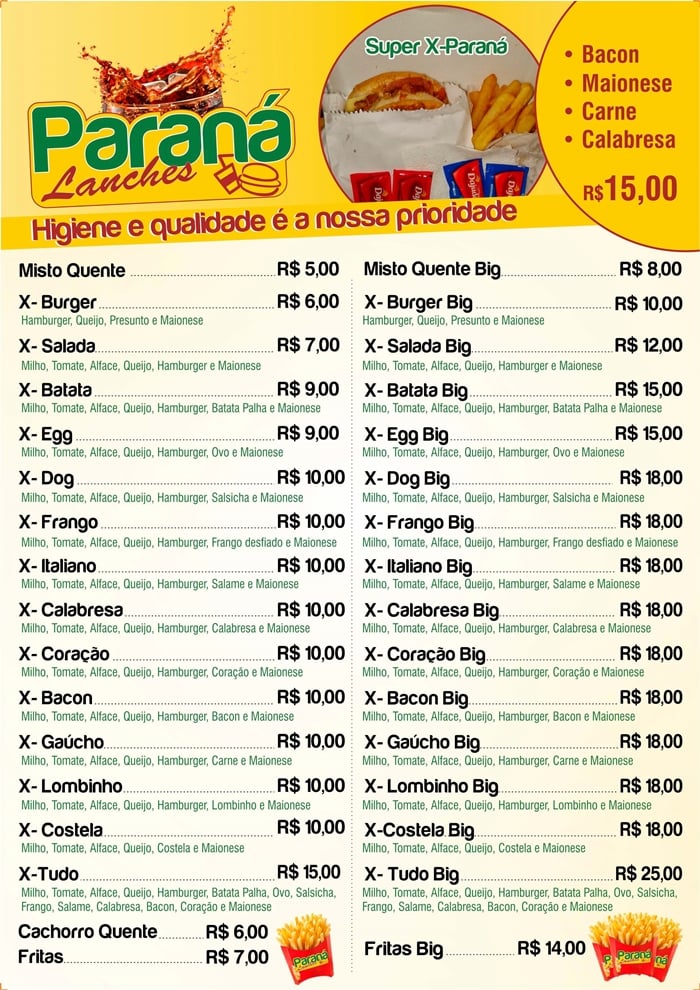 cardápio para lanches na chapa