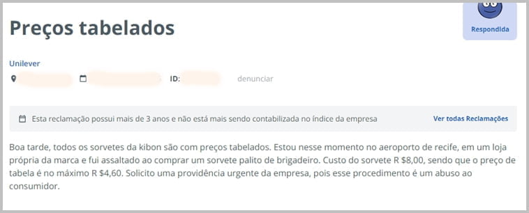 Reclamação tabela de preços sorvete Kibon