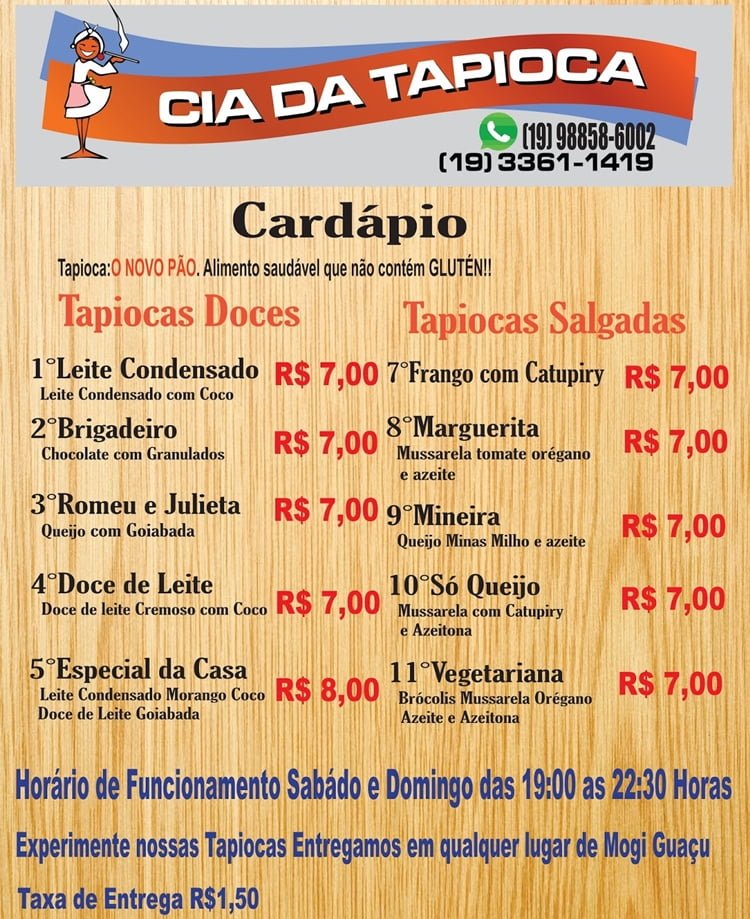 cardápio de tapioca recheada