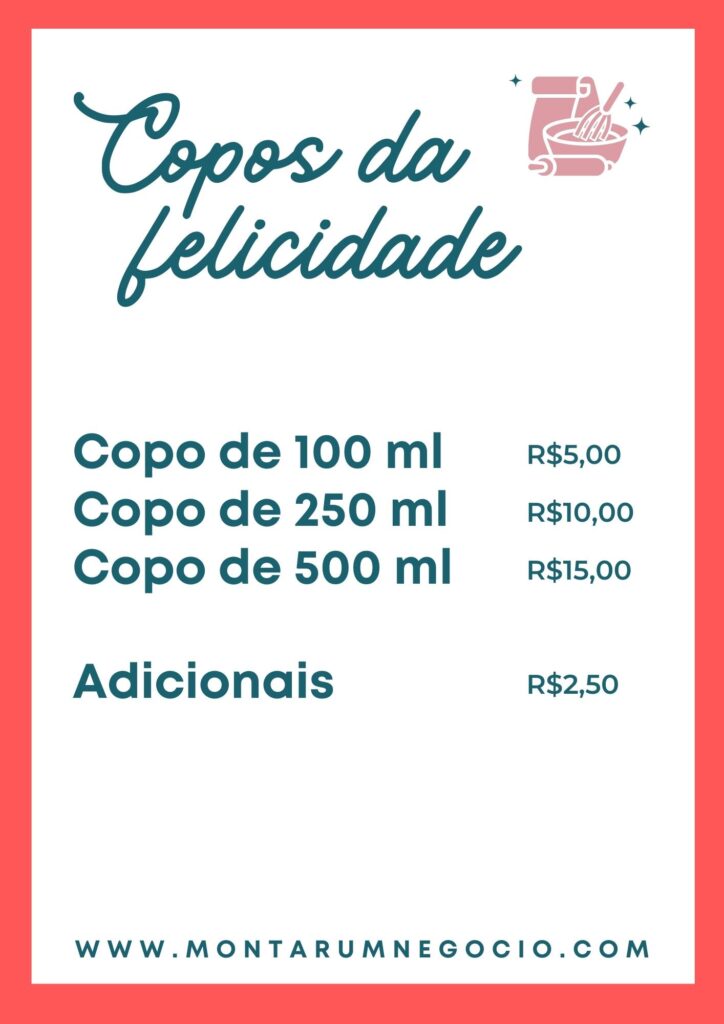 Tabela de preço de copo da felicidade