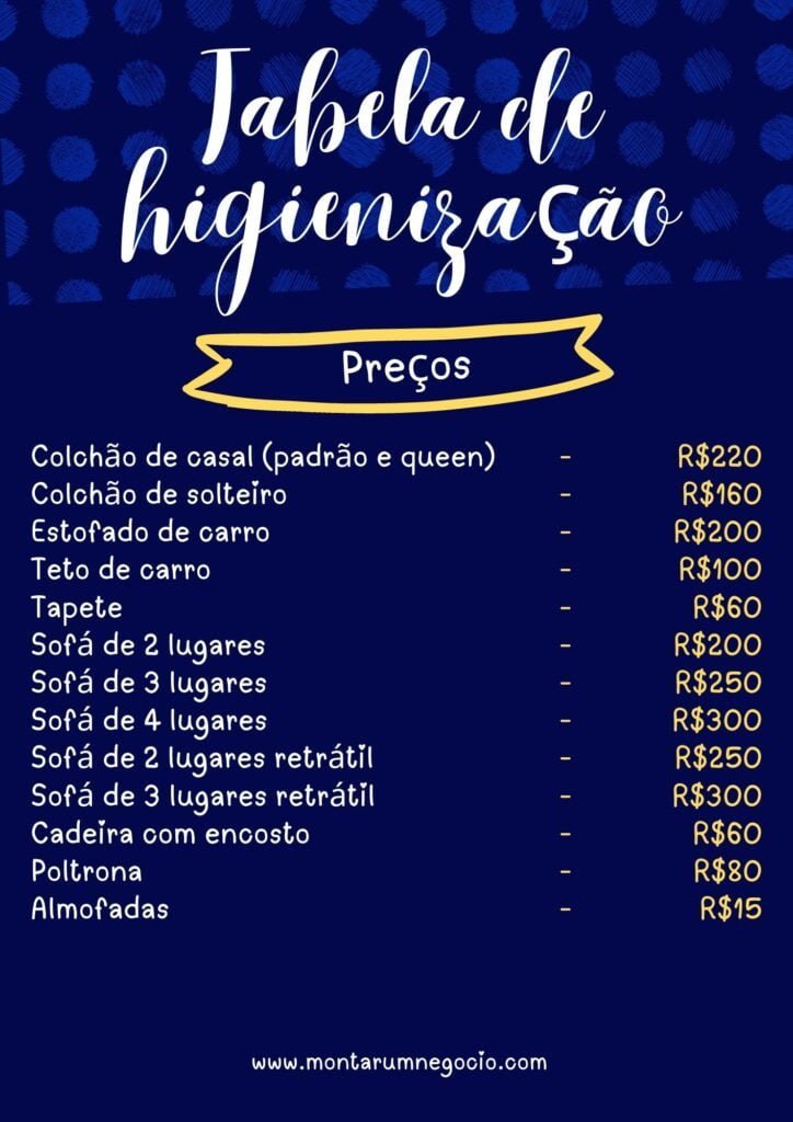 Tabela de preço de higienização de estofados