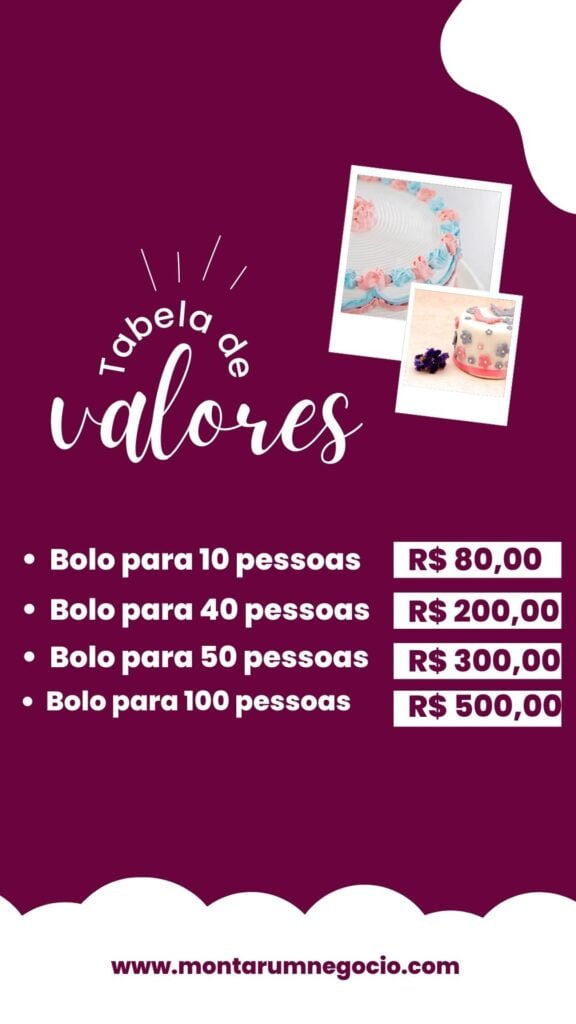 Tabela de preços de bolos decorados