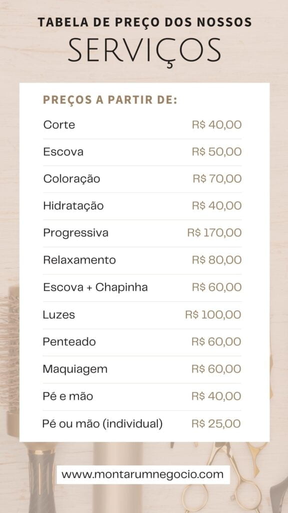 Tabela de preços de serviços de salão de beleza