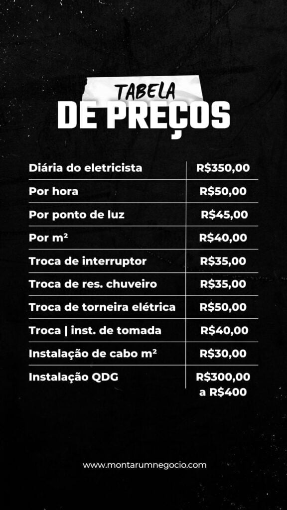 Tabela de preços de eletricista